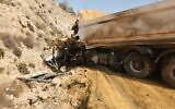 A truck involved in a collision along Route 505 in the northern West Bank, October 16, 2022. (Fire and Rescue Services)