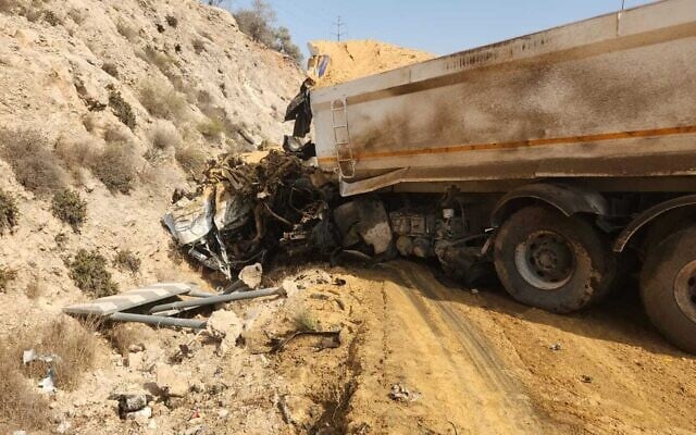 A truck involved in a collision along Route 505 in the northern West Bank, October 16, 2022. (Fire and Rescue Services) A truck involved in a collision along Route 505 in the northern West Bank, October 16, 2022. (Fire and Rescue Services)