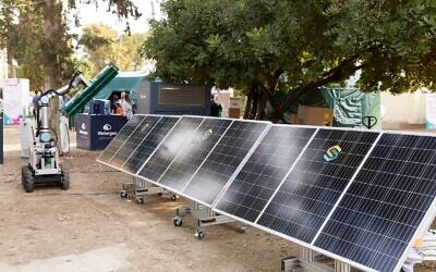A row of solar panels on display at the first Climate Prize Solutions Festival, a climate tech gathering honoring Israeli innovation, October 26, 2022. (Studio Thomas) A row of solar panels on display at the first Climate Prize Solutions Festival, a climate tech gathering honoring Israeli innovation, October 26, 2022. (Studio Thomas)