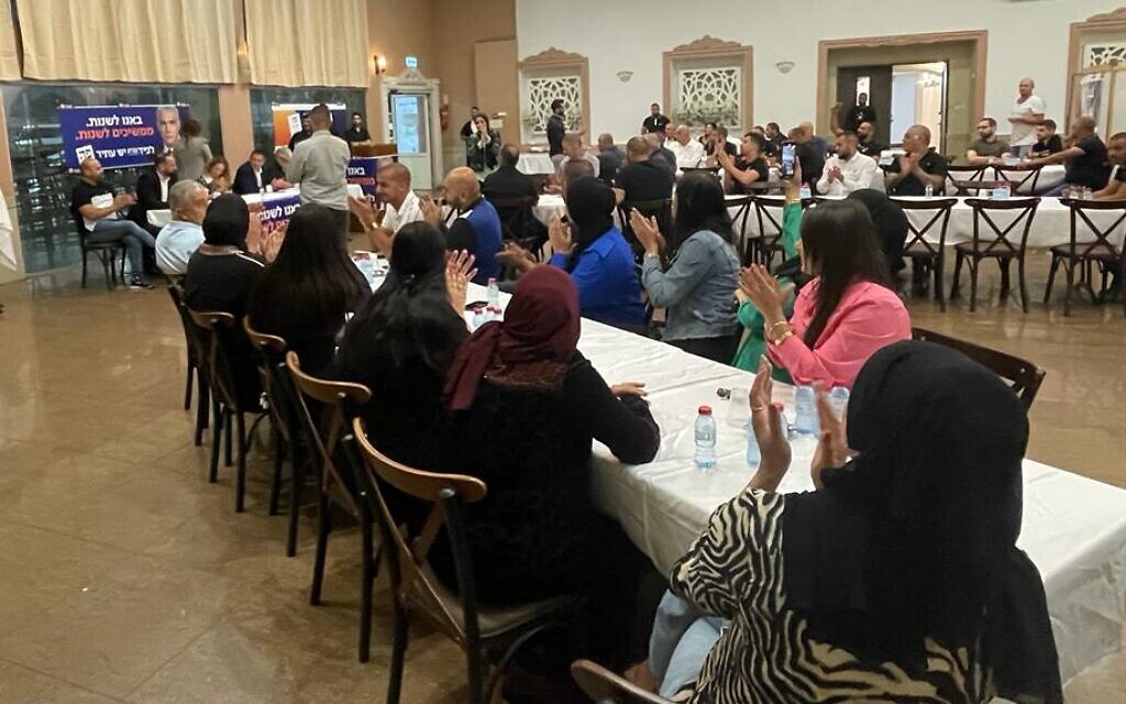 A Yesh Atid campaign event targeted to Arab voters in Tamra, October 20, 2022. (Carrie Keller-Lynn/The Times of Israel) A Yesh Atid campaign event targeted to Arab voters in Tamra, October 20, 2022. (Carrie Keller-Lynn/The Times of Israel)