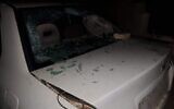 A damaged car is seen in the West Bank town of Turmus Ayya, allegedly after an attack by settlers, October 31, 2022. (Yesh Din)