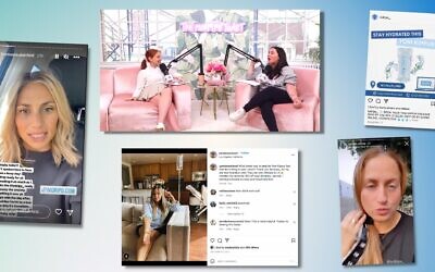 Several Jewish influencers have endorsed the use of IV drips, including in preparation for the Yom Kippur fast. (Screenshots via Instagram and YouTube. Design by Jackie Hajdenberg/ JTA)