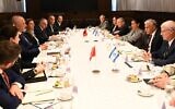 Prime Minister Yair Lapid and Albanian counterpart Edi Rama alongside their teams at the Prime Minister's Office in Jerusalem. (Haim Zach/GPO)
