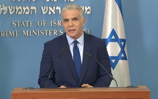 Prime Minister Yair Lapid gives a briefing to reporters in Jerusalem on October 12, 2022. (Screenshot) Prime Minister Yair Lapid gives a briefing to reporters in Jerusalem on October 12, 2022. (Screenshot)