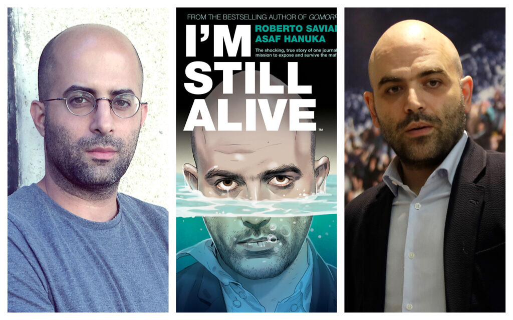 From left: Israeli illustrator Asaf Hanuka, circa 2014. (Wikimedia commons/ CC BY-SA 30/ Darthradar); Cover of 'I'm Still Alive' by Roberto Saviano and Asaf Hanuka. (Courtesy Boom! Studios); Roberto Saviano in Milan, Italy, July 1, 2019. (AP Photo/Luca Bruno)