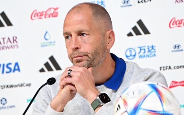 USA soccer coach Gregg Berhalter attends a press conference at the Qatar National Convention Center (QNCC) in Doha on November 28, 2022, on the eve of the Qatar 2022 World Cup match between Iran and USA. (Patrick T. Fallon/AFP) USA soccer coach Gregg Berhalter attends a press conference at the Qatar National Convention Center (QNCC) in Doha on November 28, 2022, on the eve of the Qatar 2022 World Cup match between Iran and USA. (Patrick T. Fallon/AFP)