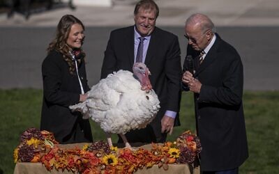 US President Joe Biden, right, pardons Chocolate, the National Thanksgiving Turkey, as he is joined by the 2022 National Turkey Federation Chairman Ronnie Parker and Alexa Starnes, daughter of the owner of Circle S Ranch, on the South Lawn of the White House in Washington, DC, November 21, 2022. (Nathan Howard/Getty Images/AFP )