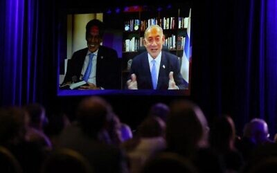 Prime Minister-Designate Benjamin Netanyahu speaks via video link to guests attending the Republican Jewish Coalition annual leadership meeting on November 19, 2022 in Las Vegas, Nevada. (SCOTT OLSON/Getty Images via AFP)