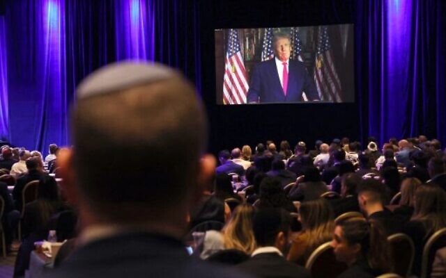 Former US president Donald Trump speaks virtually at the Republican Jewish Coalition Annual Leadership Meeting in Las Vegas, Nevada, on November 19, 2022. (Scott Olson/ AFP) Former US president Donald Trump speaks virtually at the Republican Jewish Coalition Annual Leadership Meeting in Las Vegas, Nevada, on November 19, 2022. (Scott Olson/ AFP)