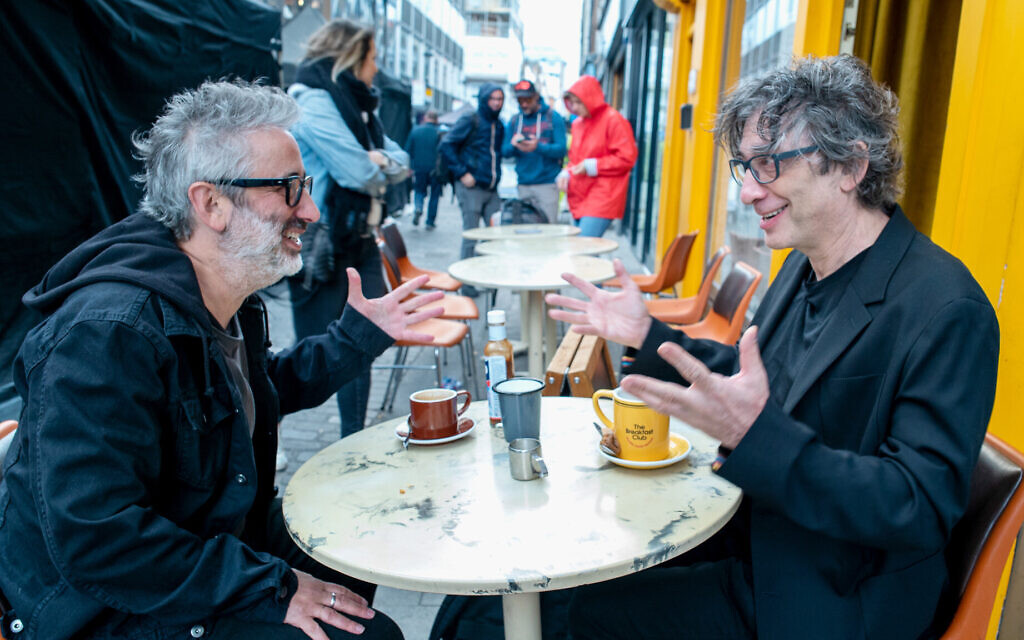 David Baddiel, left, speaks with Neil Gaiman in the Channel 4 documentary 'Jews Don't Count.' (Channel 4 via JTA)