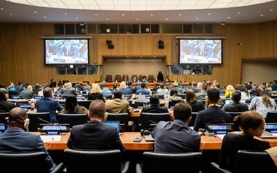 The United Nations General Assembly Fourth Committee votes on measures addressing the Israeli-Palestinian conflict, at the United Nations in New York, November 11, 2022. (Luke Tress/Times of Israel)