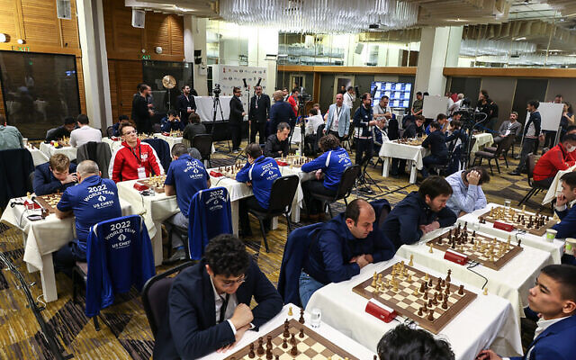 Chess players play a match as part of the World Teams Chess Championship on November 20, 2022 in Jerusalem. (Courtesy of FIDE/Mark Livshitz)