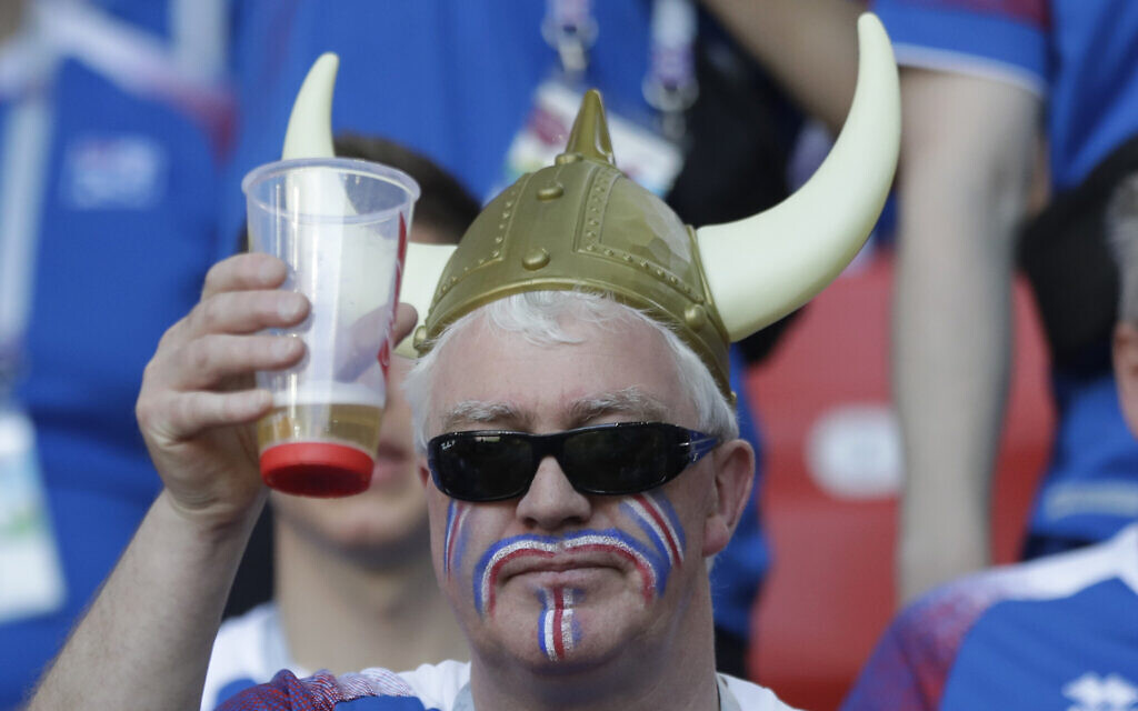 An Iceland fan toasts with a beer prior to the group D match between Argentina and Iceland at the 2018 soccer World Cup in the Spartak Stadium in Moscow, Russia, Saturday, June 16, 2018. (AP Photo/Matthias Schrader) An Iceland fan toasts with a beer prior to the group D match between Argentina and Iceland at the 2018 soccer World Cup in the Spartak Stadium in Moscow, Russia, Saturday, June 16, 2018. (AP Photo/Matthias Schrader)