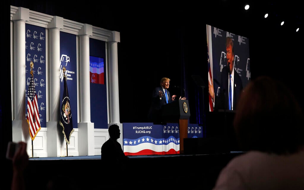 US President Donald Trump speaks at the Republican Jewish Coalition's annual leadership meeting, Saturday April 6, 2019, in Las Vegas. (AP Photo/Jacquelyn Martin) US President Donald Trump speaks at the Republican Jewish Coalition's annual leadership meeting, Saturday April 6, 2019, in Las Vegas. (AP Photo/Jacquelyn Martin)