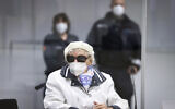 Defendant Irmgard Furchner sits in the courtroom at the beginning of her trial in Itzehoe, Germany, November 9, 2021. (Christian Charisius/Pool via AP)