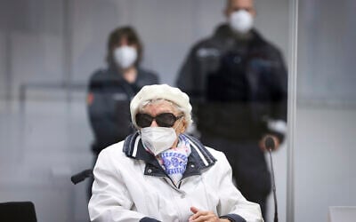 Defendant Irmgard Furchner sits in the courtroom at the beginning of her trial in Itzehoe, Germany, November 9, 2021. (Christian Charisius/Pool via AP)