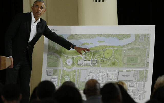 Former President Barack Obama points to a rendering for the former president's lakefront presidential center at a community event at the South Shore Cultural Center in Chicago on May 3, 2017. (AP/Nam Y. Huh, File) Former President Barack Obama points to a rendering for the former president's lakefront presidential center at a community event at the South Shore Cultural Center in Chicago on May 3, 2017. (AP/Nam Y. Huh, File)