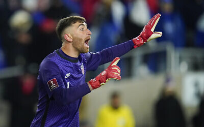 United States goalkeeper Matt Turner talks to teammates during the second half of a FIFA World Cup qualifying soccer match against El Salvador, Thursday, Jan. 27, 2022, in Columbus, Ohio. (AP Photo/Julio Cortez, File)