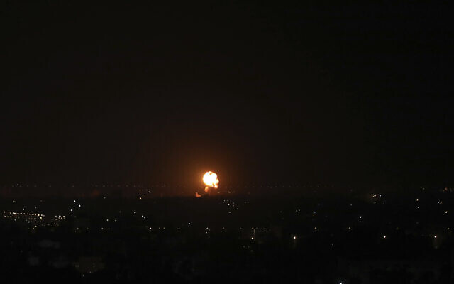 An explosion caused by Israeli airstrikes is seen in Gaza City, November 4, 2022 in response to rocket fire Thursday evening from the Palestinian enclave. (AP Photo/Ashraf Amra) An explosion caused by Israeli airstrikes is seen in Gaza City, November 4, 2022 in response to rocket fire Thursday evening from the Palestinian enclave. (AP Photo/Ashraf Amra)