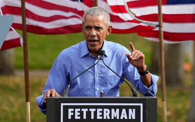 Former president Barack Obama speaks during a campaign rally in support of Pennsylvania Lt. Gov. John Fetterman, a Democratic candidate for U.S. Senate, in Pittsburgh, November 5, 2022. (AP Photo/Gene J. Puskar)