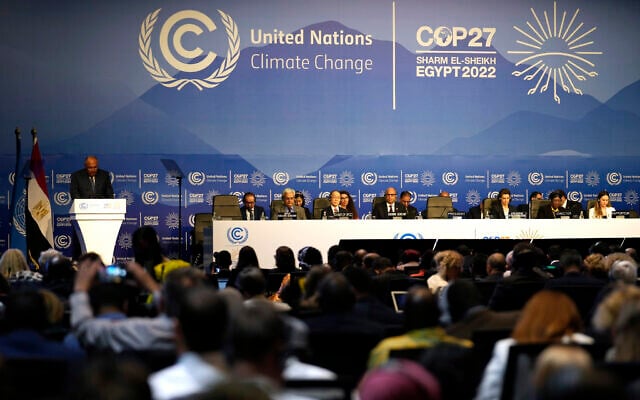 Sameh Shoukry, president of the COP27 climate summit, left speaks during an opening session at the COP27 UN Climate Summit, November 6, 2022, in Sharm el-Sheikh, Egypt. (AP Photo/Peter Dejong) Sameh Shoukry, president of the COP27 climate summit, left speaks during an opening session at the COP27 UN Climate Summit, November 6, 2022, in Sharm el-Sheikh, Egypt. (AP Photo/Peter Dejong)