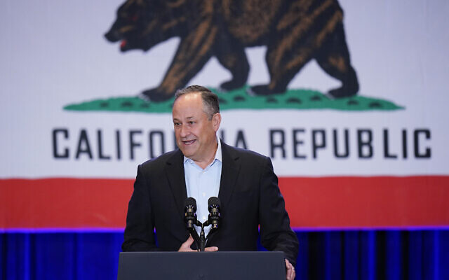 Doug Emhoff, husband of US Vice President Kamala Harris, speaks at a 'Get Out the Vote' rally in Los Angeles, Monday, November 7, 2022. (Jae C. Hong/AP) Doug Emhoff, husband of US Vice President Kamala Harris, speaks at a 'Get Out the Vote' rally in Los Angeles, Monday, November 7, 2022. (Jae C. Hong/AP)