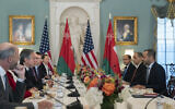 US Secretary of State Antony Blinken, second from left, meets Omani Foreign Minister Sayyid Badr Albusaidi, right, at the State Department on November 8, 2022, in Washington. (AP Photo/Manuel Balce Ceneta)