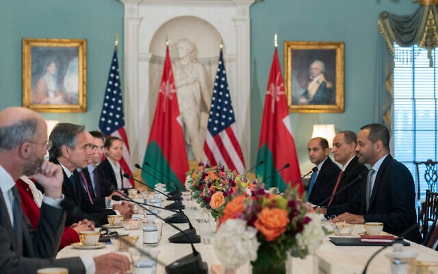 US Secretary of State Antony Blinken, second from left, meets Omani Foreign Minister Sayyid Badr Albusaidi, right, at the State Department on November 8, 2022, in Washington. (AP Photo/Manuel Balce Ceneta) US Secretary of State Antony Blinken, second from left, meets Omani Foreign Minister Sayyid Badr Albusaidi, right, at the State Department on November 8, 2022, in Washington. (AP Photo/Manuel Balce Ceneta)