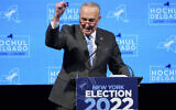 US Senator Chuck Schumer speaks to supporters after he won reelection during the election night party for New York Governor Kathy Hochul, November 8, 2022, in New York. (AP/Mary Altaffer)