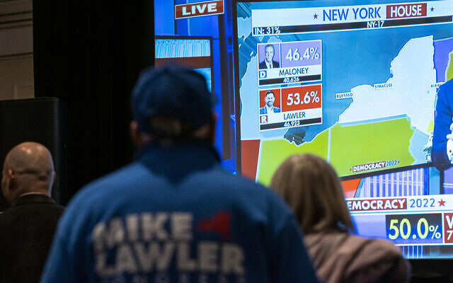 Supporters of Congressional candidate Mike Lawler watch the results on a screen during an election night party, Tuesday, Nov. 8, 2022, in Pearl River, N.Y. (AP/Eduardo Munoz Alvarez) Supporters of Congressional candidate Mike Lawler watch the results on a screen during an election night party, Tuesday, Nov. 8, 2022, in Pearl River, N.Y. (AP/Eduardo Munoz Alvarez)
