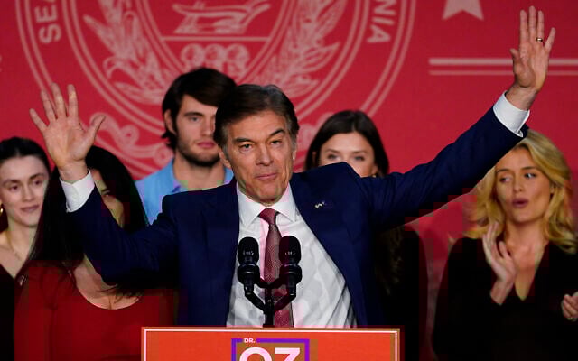 Mehmet Oz, the Republican candidate for US Senate in Pennsylvania, speaks at an election night rally in Newtown, Pennsylvania, November 8, 2022. (Matt Rourke/AP)