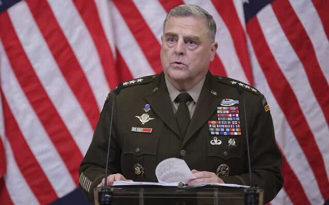 Chairman of the Joint Chiefs of Staff Gen. Mark Milley speaks during a media conference after a meeting of NATO defense ministers at NATO headquarters in Brussels, Oct. 12, 2022. (AP/Olivier Matthys, File) Chairman of the Joint Chiefs of Staff Gen. Mark Milley speaks during a media conference after a meeting of NATO defense ministers at NATO headquarters in Brussels, Oct. 12, 2022. (AP/Olivier Matthys, File)