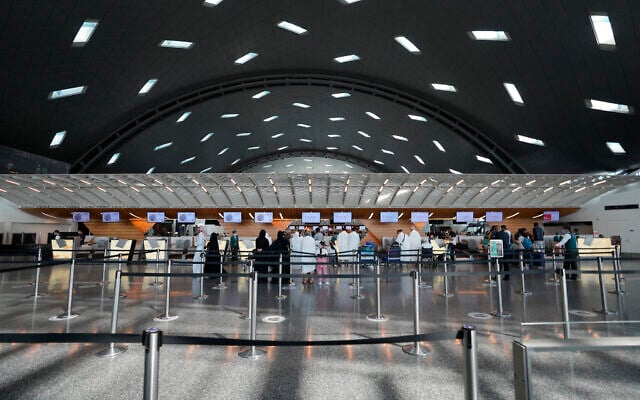 Passengers walk at Hamad International Airport in Doha, Qatar, November 10, 2022. (AP Photo/Hassan Ammar) Passengers walk at Hamad International Airport in Doha, Qatar, November 10, 2022. (AP Photo/Hassan Ammar)