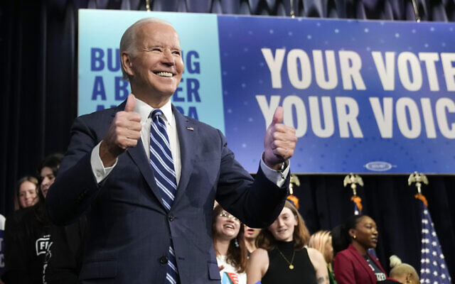 US President Joe Biden gestures to the crowd as he leaves after speaks at Howard Theatre in Washington, November 10, 2022. (AP Photo/Andrew Harnik) US President Joe Biden gestures to the crowd as he leaves after speaks at Howard Theatre in Washington, November 10, 2022. (AP Photo/Andrew Harnik)