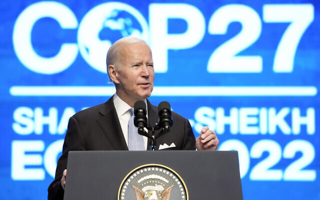 US President Joe Biden speaks at the COP27 UN Climate Summit, November 11, 2022, at Sharm el-Sheikh, Egypt. (AP Photo/Alex Brandon) US President Joe Biden speaks at the COP27 UN Climate Summit, November 11, 2022, at Sharm el-Sheikh, Egypt. (AP Photo/Alex Brandon)
