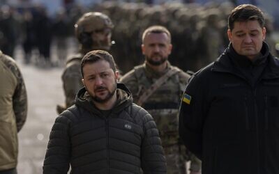 Ukrainian President Volodymyr Zelensky gives a speech to the media in Kherson, southern Ukraine, November 14, 2022. (Bernat Armangue/AP)