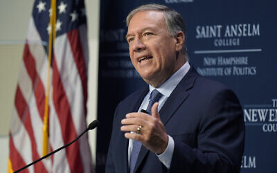 Former US secretary of state Mike Pompeo addresses an audience at a periodic 'Politics and Eggs' gathering at Saint Anselm College, in Manchester, New Hampshire, September 20, 2022. (AP Photo/Steven Senne)