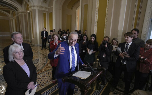 Senate Majority Leader Chuck Schumer, D-N.Y., joined from left by Sen. Patty Murray, D-Wash., Majority Whip Dick Durbin, D-Ill., and Sen. Debbie Stabenow, D-Mich., speaks to reporters following a closed-door policy meeting on the lame duck agenda, at the Capitol in Washington, Tuesday, Nov. 15, 2022. (AP/J. Scott Applewhite) Senate Majority Leader Chuck Schumer, D-N.Y., joined from left by Sen. Patty Murray, D-Wash., Majority Whip Dick Durbin, D-Ill., and Sen. Debbie Stabenow, D-Mich., speaks to reporters following a closed-door policy meeting on the lame duck agenda, at the Capitol in Washington, Tuesday, Nov. 15, 2022. (AP/J. Scott Applewhite)
