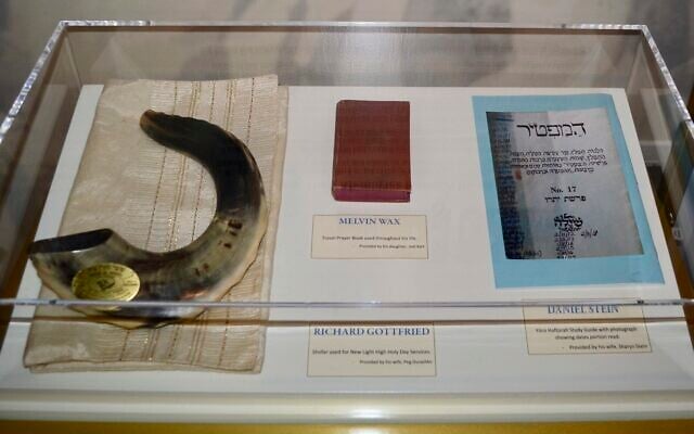 Artifacts are displayed on November 13, 2022, at the New Light Memorial Chapel in Shaler, Pennsylvania, including religious items used by the three members of New Light Congregation who were among the 11 victims of the October 27, 2018, massacre at Pittsburgh’s Tree of Life synagogue building. (AP Photo/Peter Smith) Artifacts are displayed on November 13, 2022, at the New Light Memorial Chapel in Shaler, Pennsylvania, including religious items used by the three members of New Light Congregation who were among the 11 victims of the October 27, 2018, massacre at Pittsburgh’s Tree of Life synagogue building. (AP Photo/Peter Smith)