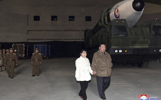This photo provided on Nov. 19, 2022, by the North Korean government shows North Korean leader Kim Jong Un, right, and his daughter inspecting a missile at Pyongyang International Airport in Pyongyang, North Korea, Friday, Nov. 18, 2022.(Korean Central News Agency/Korea News Service via AP) This photo provided on Nov. 19, 2022, by the North Korean government shows North Korean leader Kim Jong Un, right, and his daughter inspecting a missile at Pyongyang International Airport in Pyongyang, North Korea, Friday, Nov. 18, 2022.(Korean Central News Agency/Korea News Service via AP)