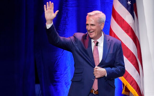 House Minority Leader Kevin McCarthy waves as he walks on stage before speaking at an annual leadership meeting of the Republican Jewish Coalition, Nov. 19, 2022, in Las Vegas. (AP Photo/John Locher) House Minority Leader Kevin McCarthy waves as he walks on stage before speaking at an annual leadership meeting of the Republican Jewish Coalition, Nov. 19, 2022, in Las Vegas. (AP Photo/John Locher)