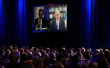 Israel's Likud Party leader Benjamin Netanyahu speaks remotely to an annual leadership meeting of the Republican Jewish Coalition, November 19, 2022, in Las Vegas. (AP Photo/John Locher)
