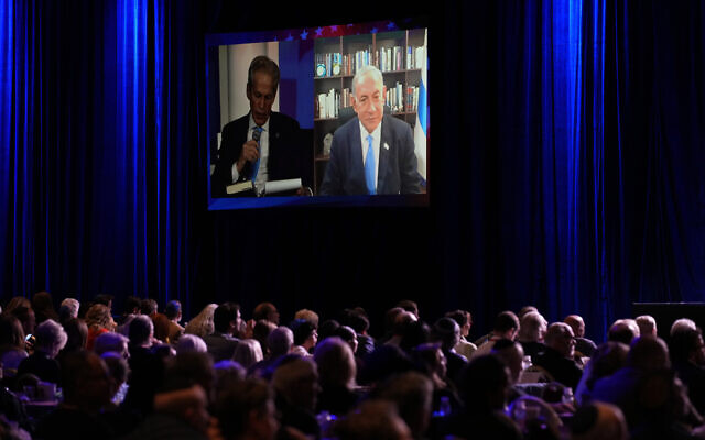 Israel's Likud Party leader Benjamin Netanyahu speaks remotely to an annual leadership meeting of the Republican Jewish Coalition, November 19, 2022, in Las Vegas. (AP Photo/John Locher) Israel's Likud Party leader Benjamin Netanyahu speaks remotely to an annual leadership meeting of the Republican Jewish Coalition, November 19, 2022, in Las Vegas. (AP Photo/John Locher)