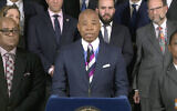 New York City mayor Eric Adams speaking during a news conference after the arrest of two suspects for an attempted attack on a synagogue, in New York, November 21, 2022.  (NYC Office of the Mayor via AP)