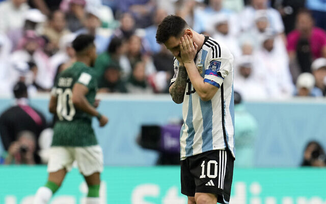 Argentina's Lionel Messi reacts disappointed during the World Cup group C soccer match between Argentina and Saudi Arabia at the Lusail Stadium in Lusail, Qatar, Tuesday, Nov. 22, 2022. (AP Photo/Natacha Pisarenko) Argentina's Lionel Messi reacts disappointed during the World Cup group C soccer match between Argentina and Saudi Arabia at the Lusail Stadium in Lusail, Qatar, Tuesday, Nov. 22, 2022. (AP Photo/Natacha Pisarenko)