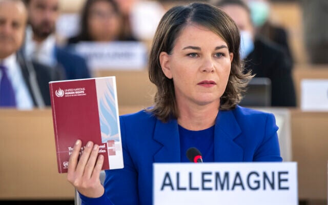 German Foreign Minister Annalena Baerbock attends a special Human Rights Council session at the European headquarters of the United Nations in Geneva, Switzerland, Thursday, Nov. 24, 2022. (Martial Trezzini/Keystone via AP)