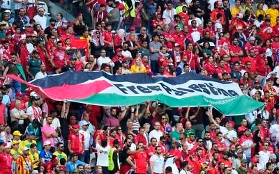 Supporters of Tunisia hold a flag that reads 'Free Palestine' during the World Cup group D soccer match between Tunisia and Australia at the Al Janoub Stadium in Al Wakrah, Qatar, November 26, 2022. (AP/Petr David Josek)