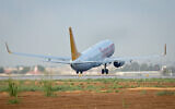 A Pegasus plane seen at the Ben Gurion airport in Tel Aviv, on September 03, 2014 (Moshe Shai/Flash90)