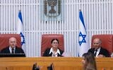 Supreme Court Chief of Justice Esther Hayut and other justices at a hearing on the election committee decision to disqualify Likud party member Amichai Chikli from running in the upcoming Knesset election, October 6, 2022. (Yonatan Sindel/Flash90)