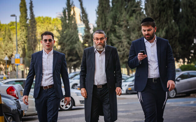 UTJ leader MK Moshe Gafni arrives at coalition talks in Jerusalem on November 6, 2022. (Yonatan Sindel/Flash90) UTJ leader MK Moshe Gafni arrives at coalition talks in Jerusalem on November 6, 2022. (Yonatan Sindel/Flash90)